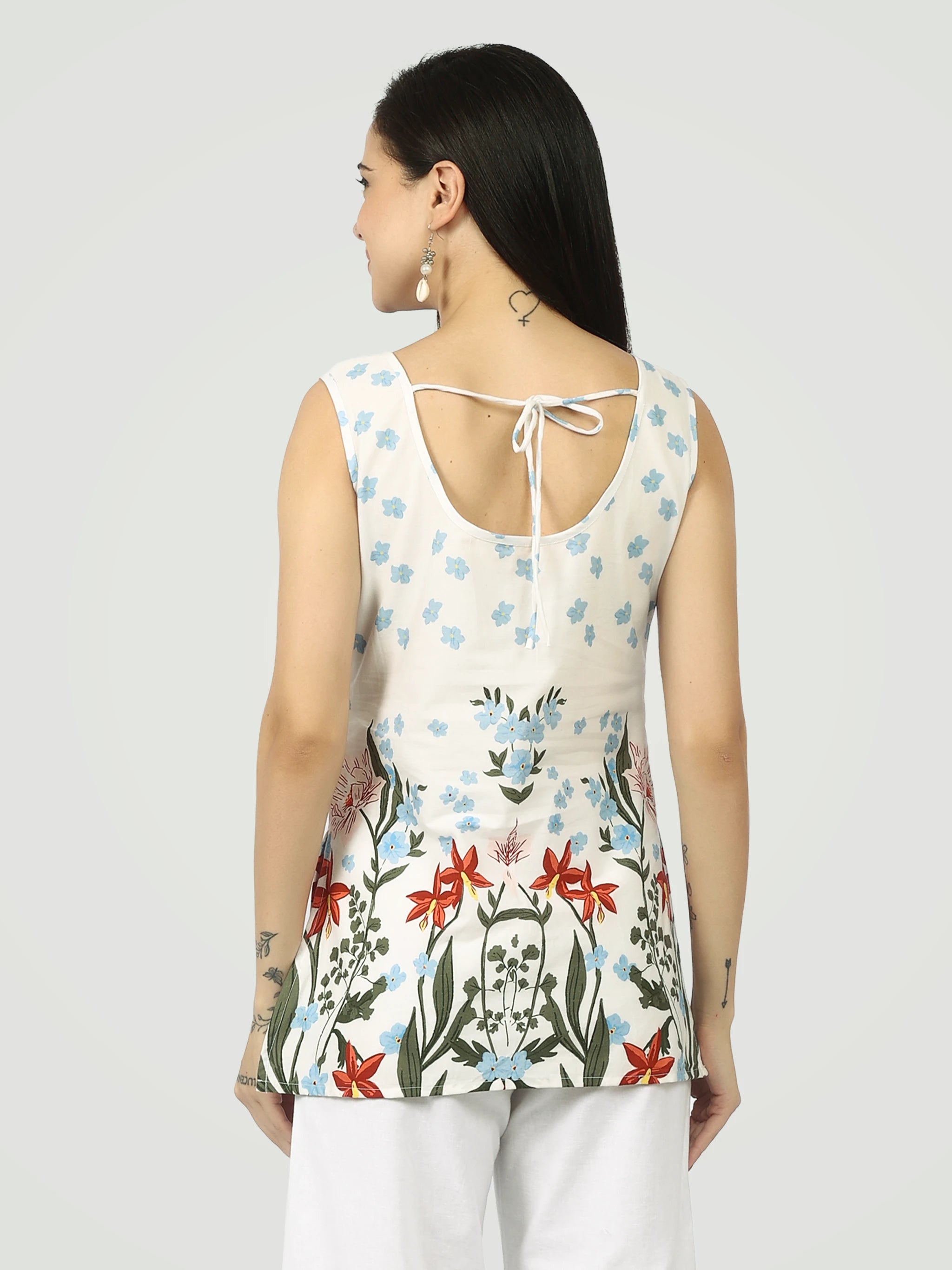 The Botanical Print Sleeveless Kurti – White