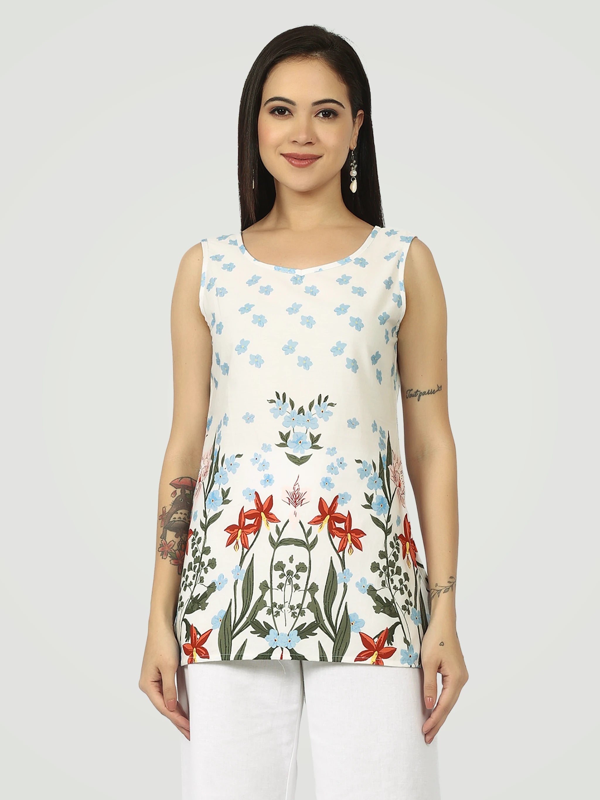 The Botanical Print Sleeveless Kurti – White