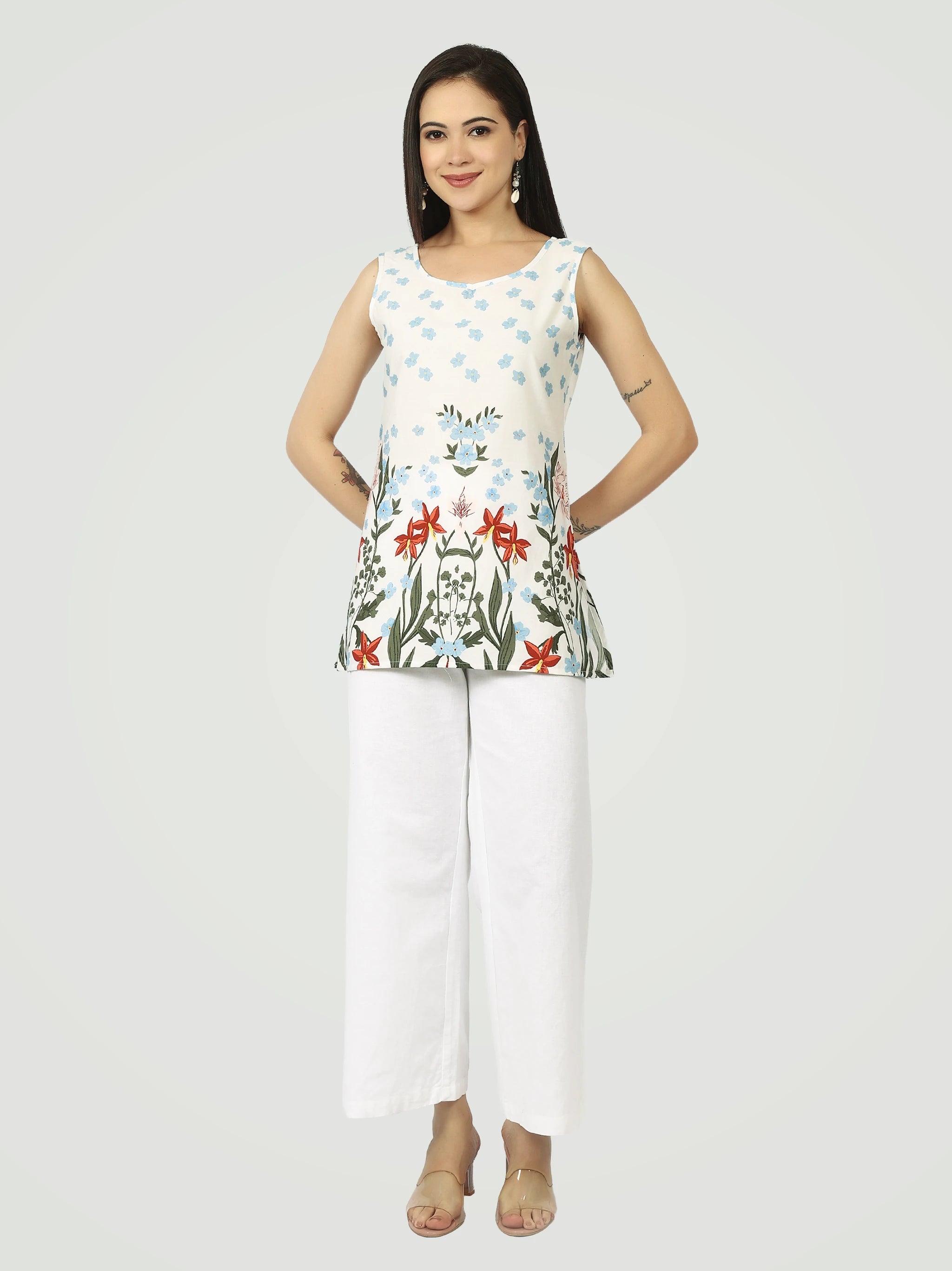 The Botanical Print Sleeveless Kurti – White