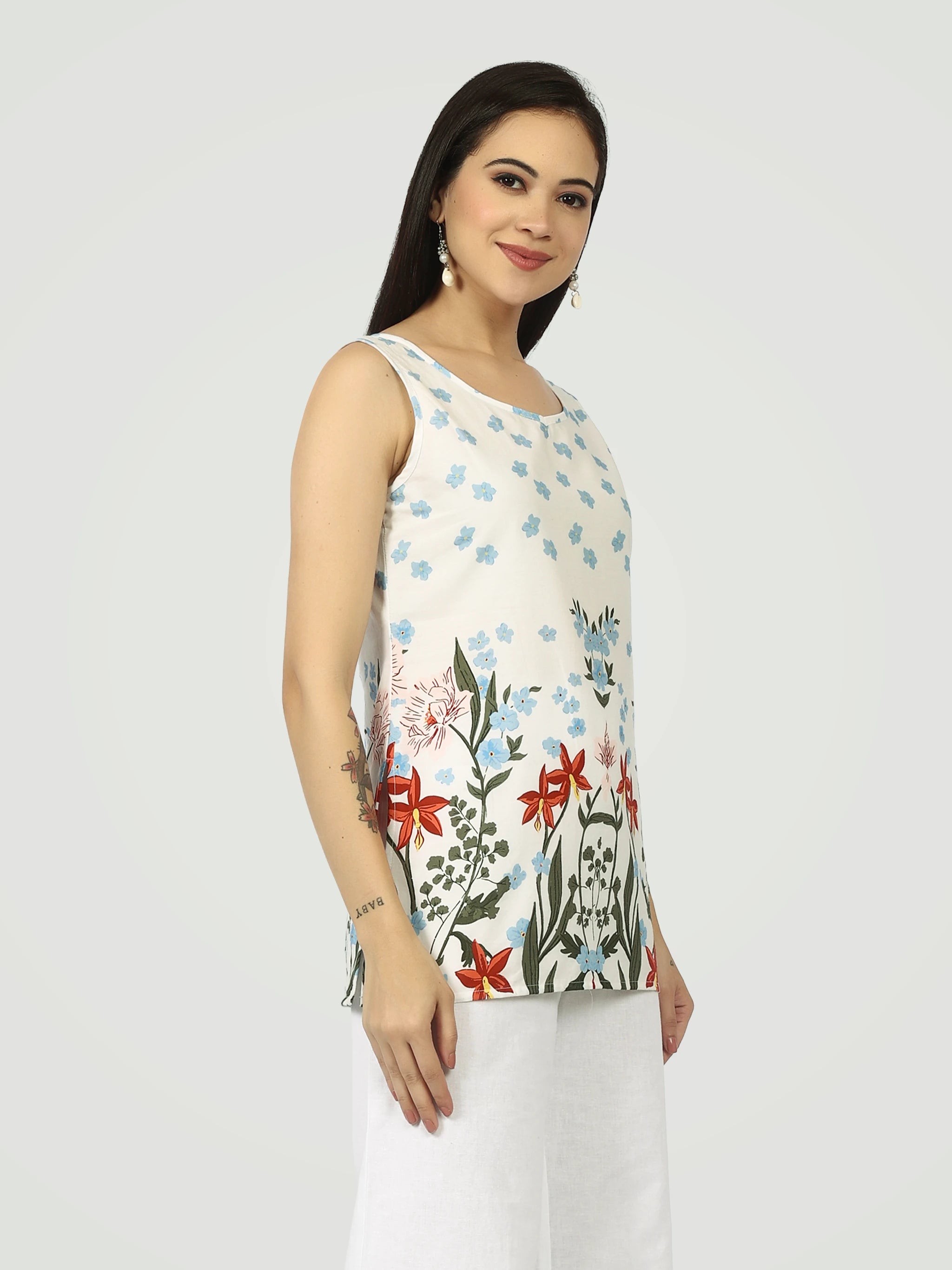 The Botanical Print Sleeveless Kurti – White