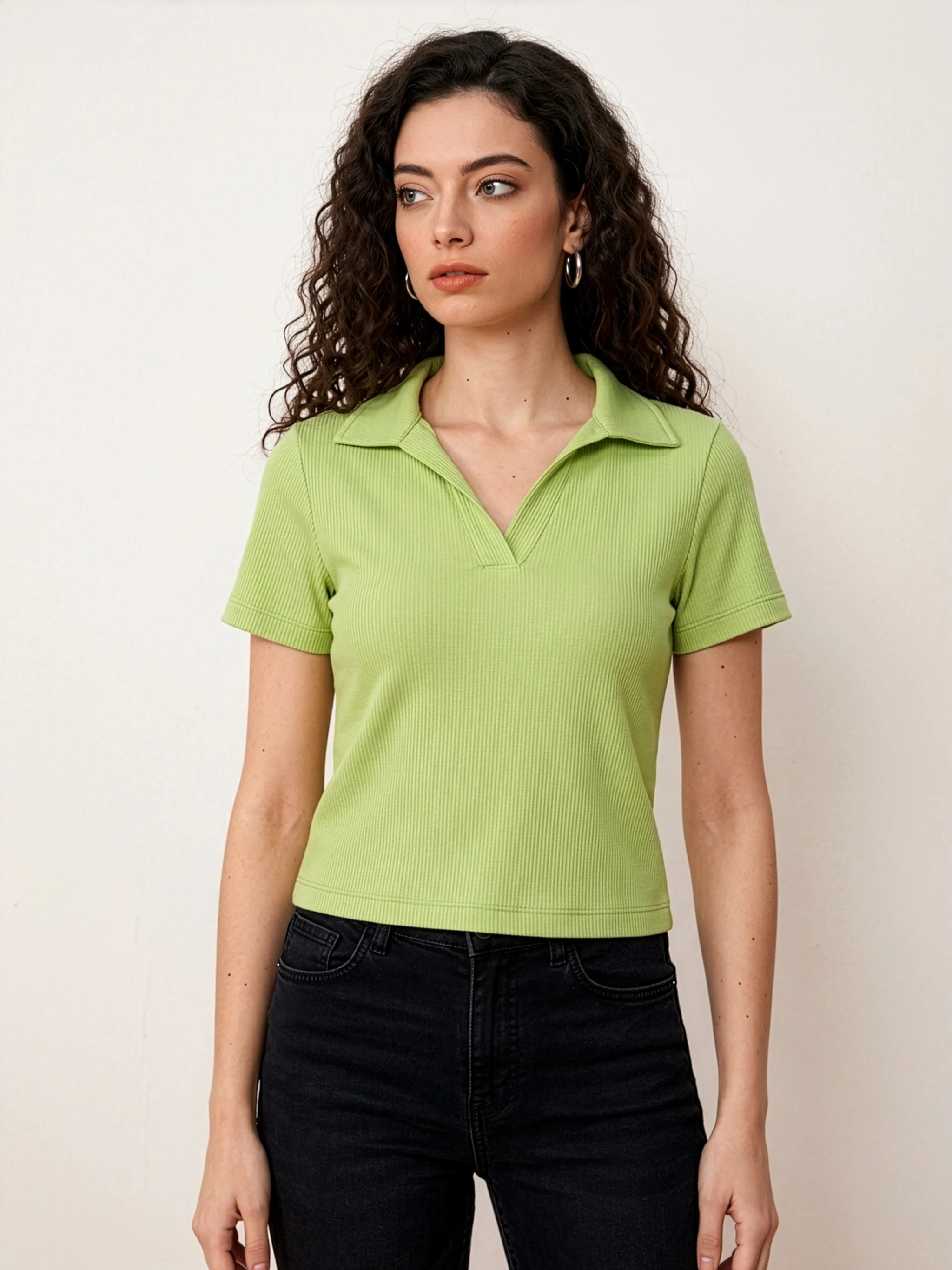 The Ribbed Notched Polo Top – Lime Green