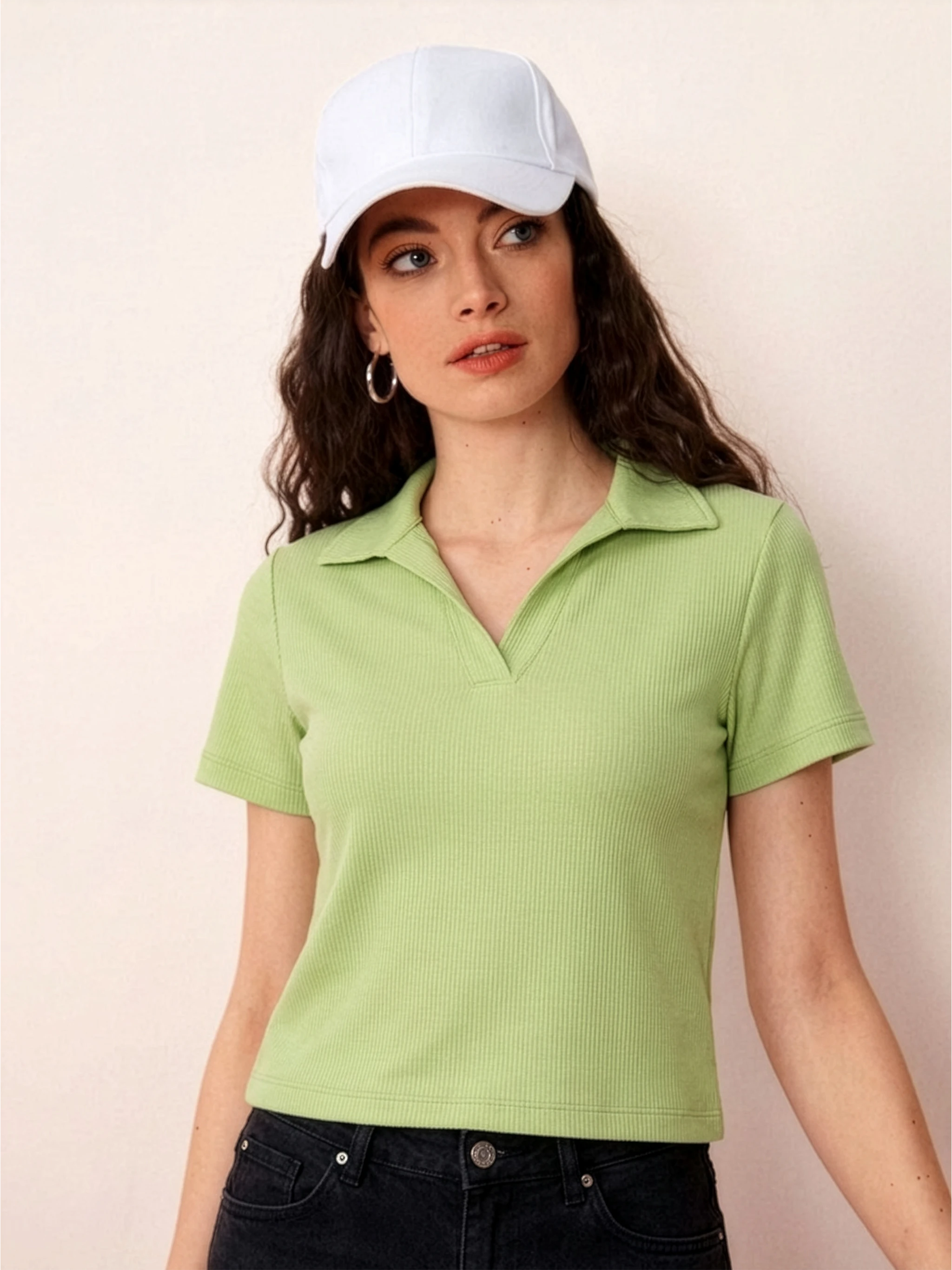 The Ribbed Notched Polo Top – Lime Green