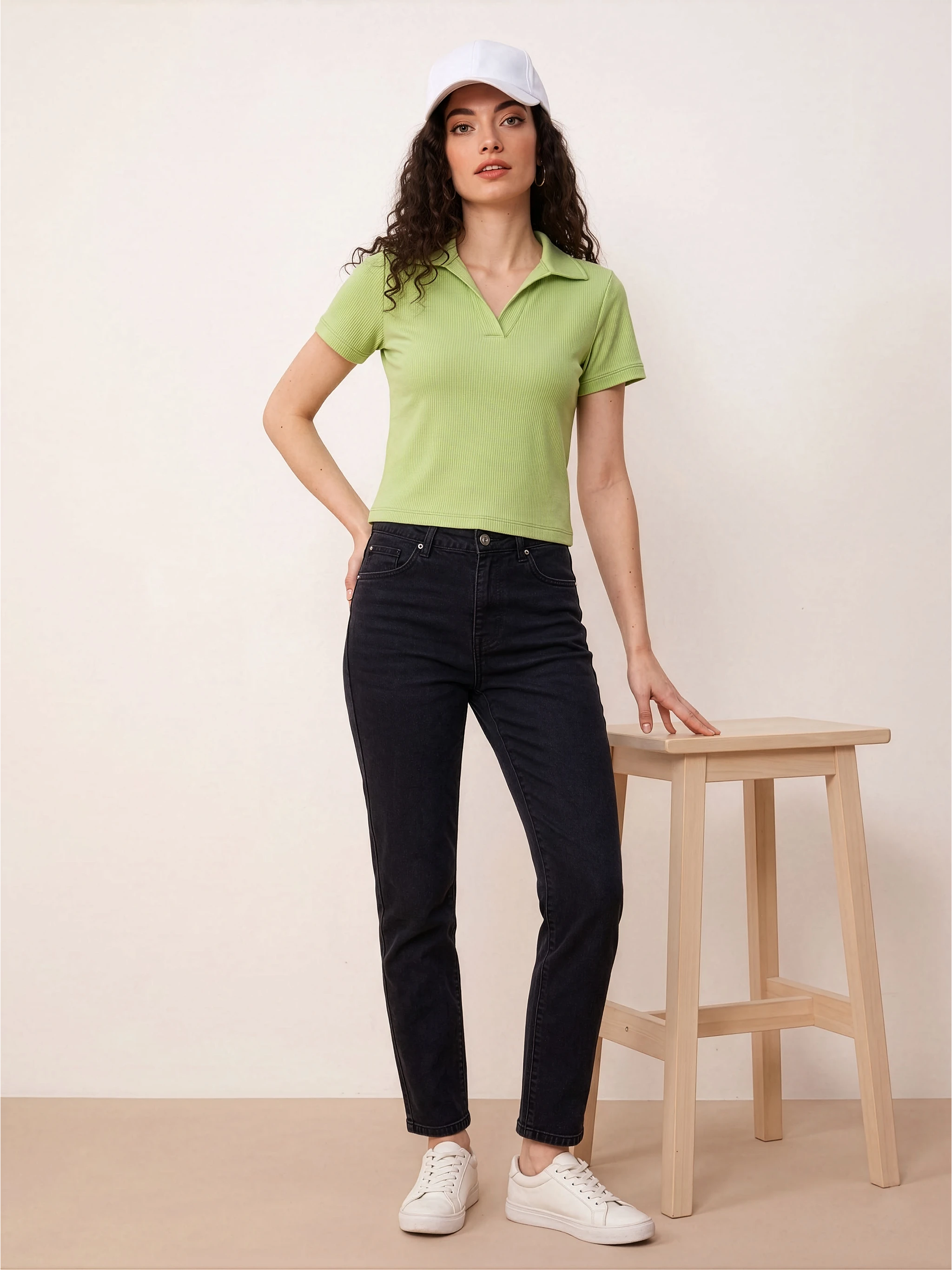 The Ribbed Notched Polo Top – Lime Green