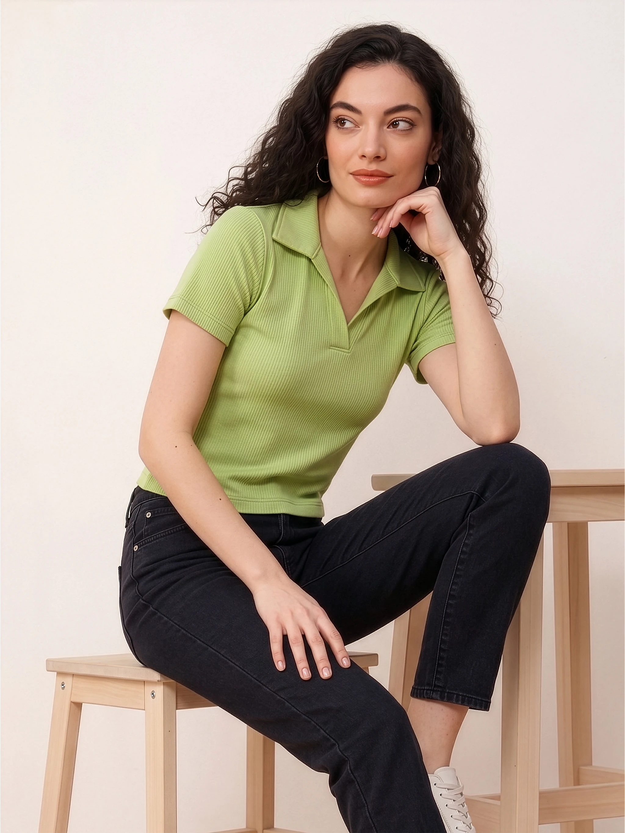 The Ribbed Notched Polo Top – Lime Green