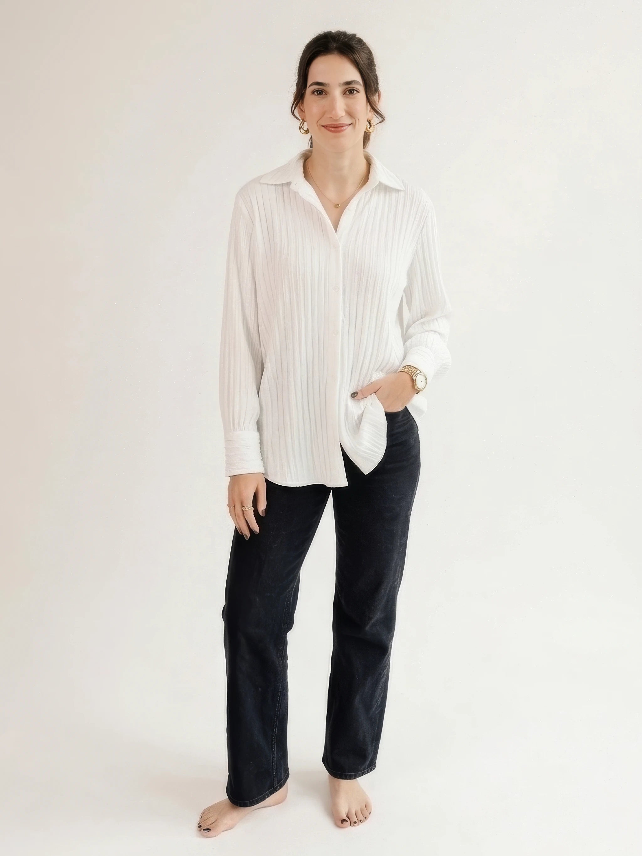 White Plissé Textured Oversized Wrinkle-Free Shirt