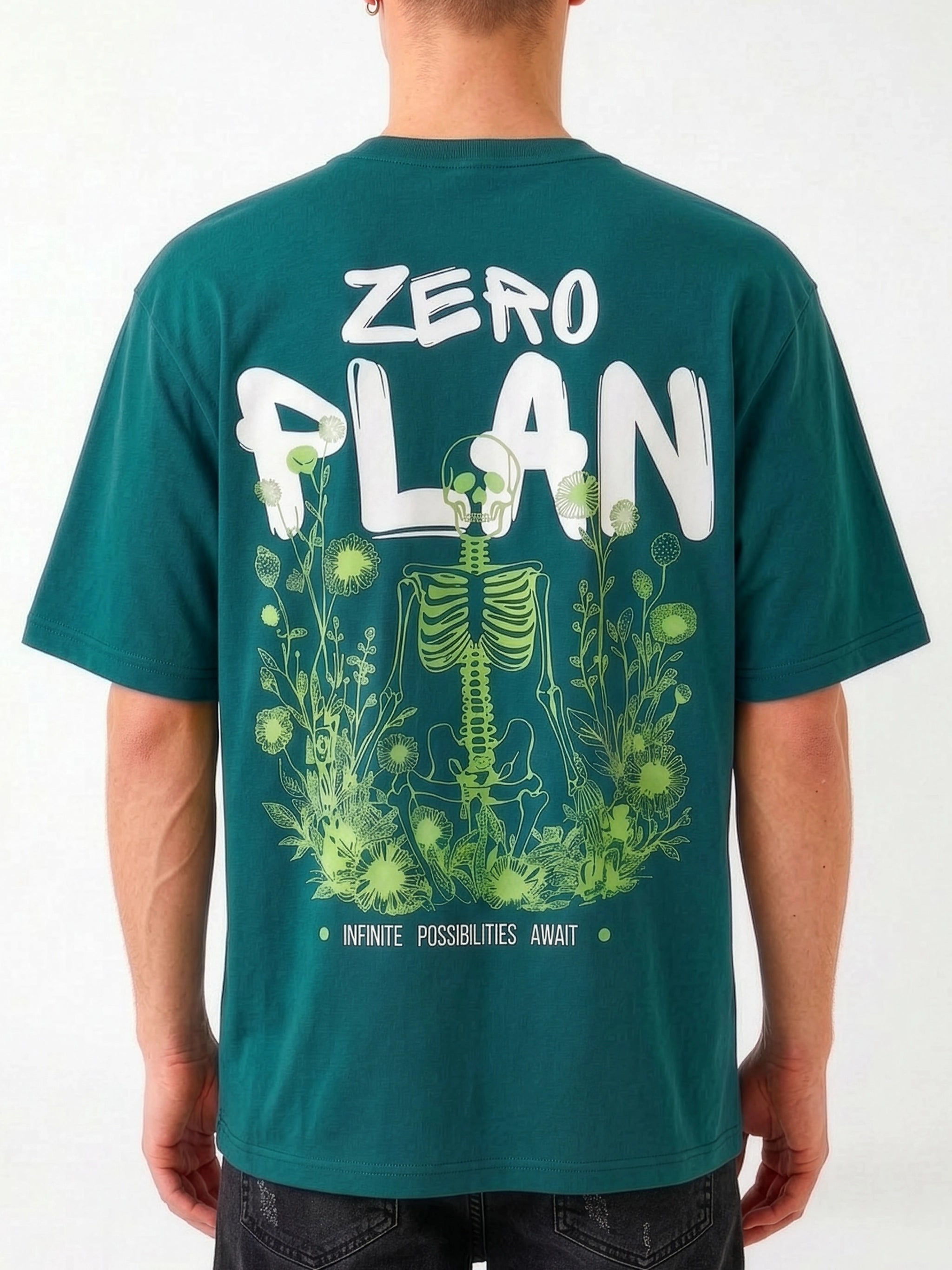 Meedeeshop Zero Plan Oversized Graphic T-Shirt for Men | 240 GSM Heavyweight Pure Cotton | Bio Wash | Puff Print | Teal Green | Street Style
