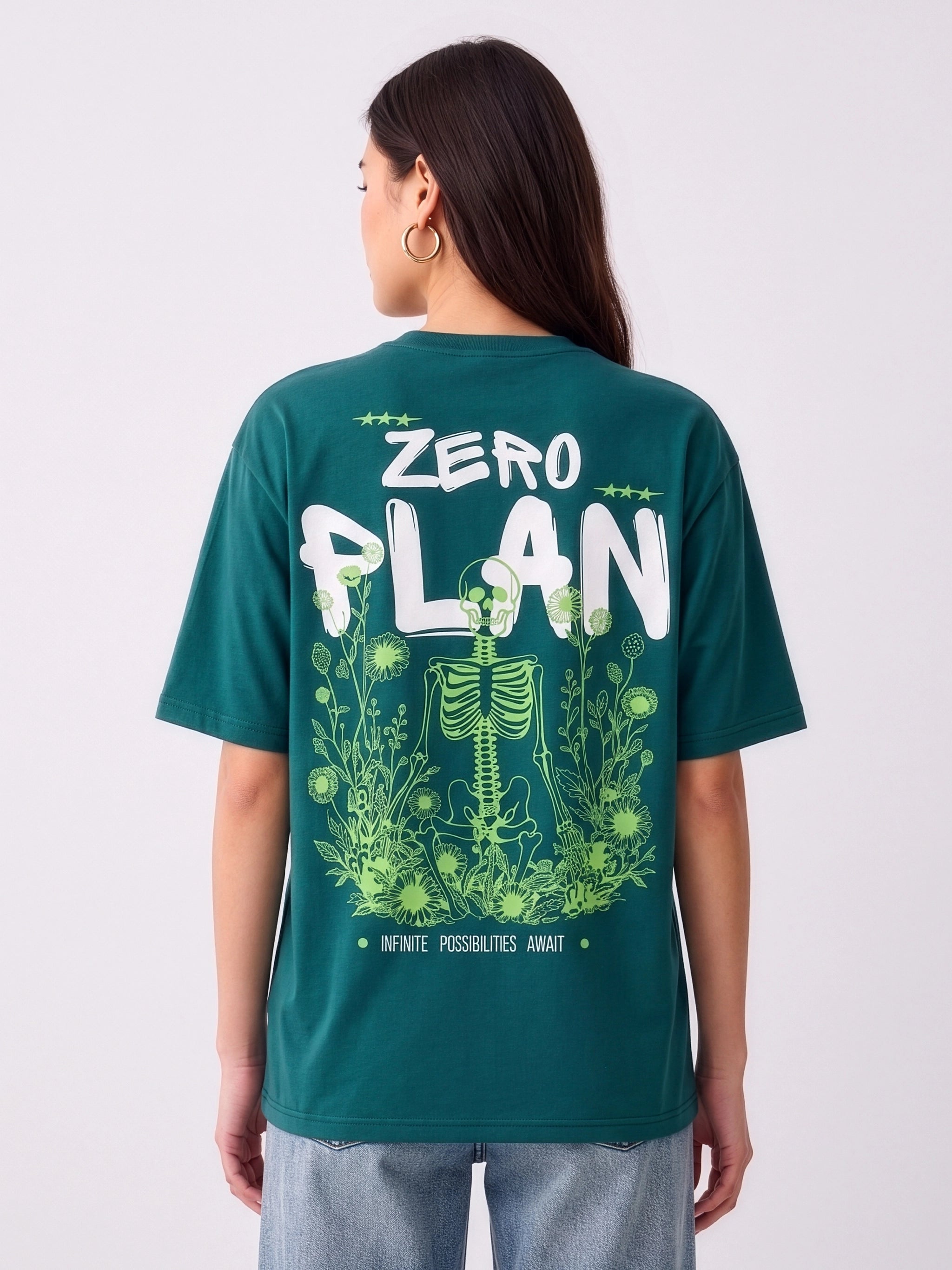 Meedeeshop Zero Plan Oversized Graphic T-Shirt for Women | 240 GSM Heavyweight Pure Cotton | Bio Wash | Puff Print | Teal Green | Street Style