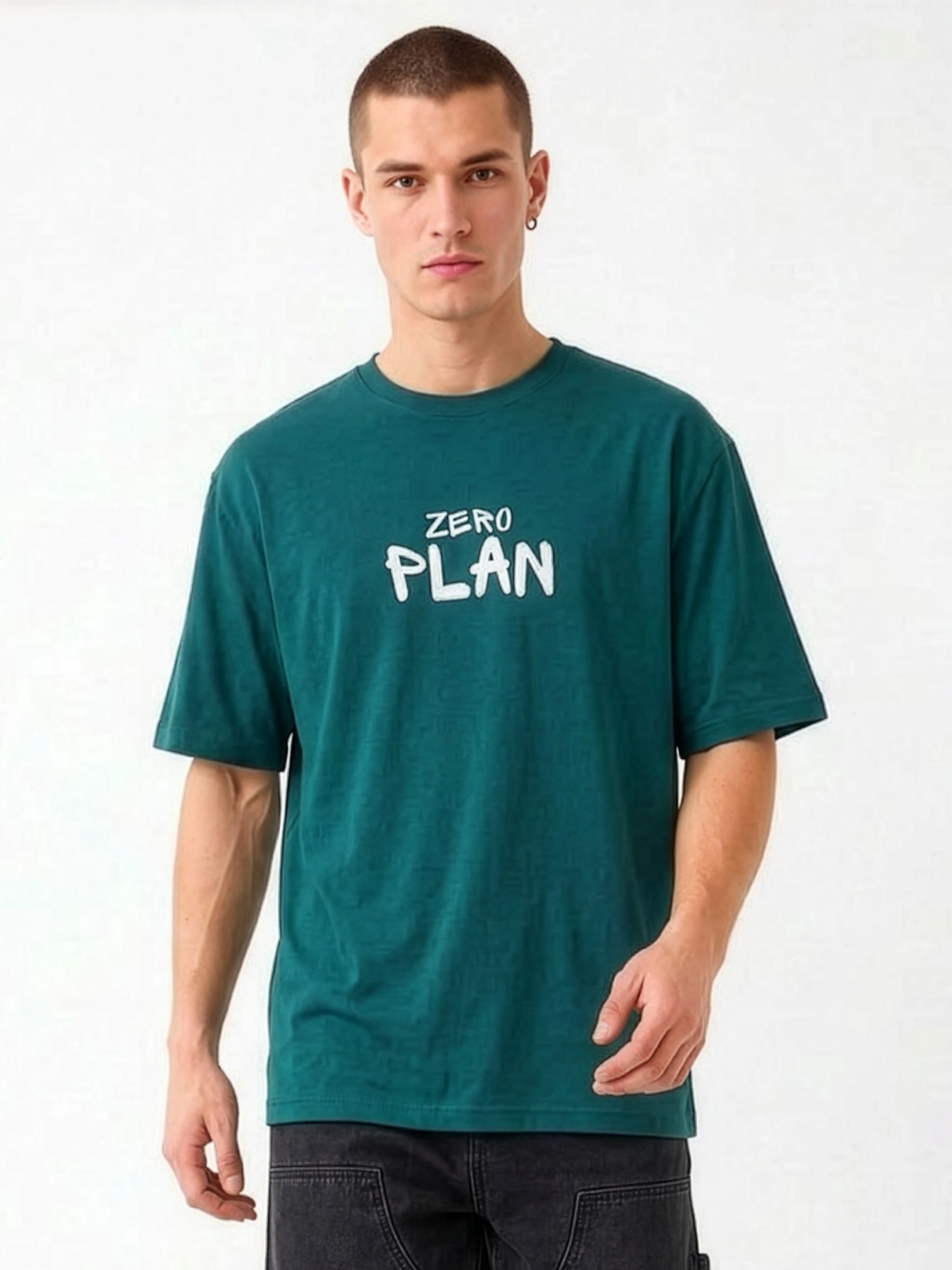 Meedeeshop Zero Plan Oversized Graphic T-Shirt for Men | 240 GSM Heavyweight Pure Cotton | Bio Wash | Puff Print | Teal Green | Street Style