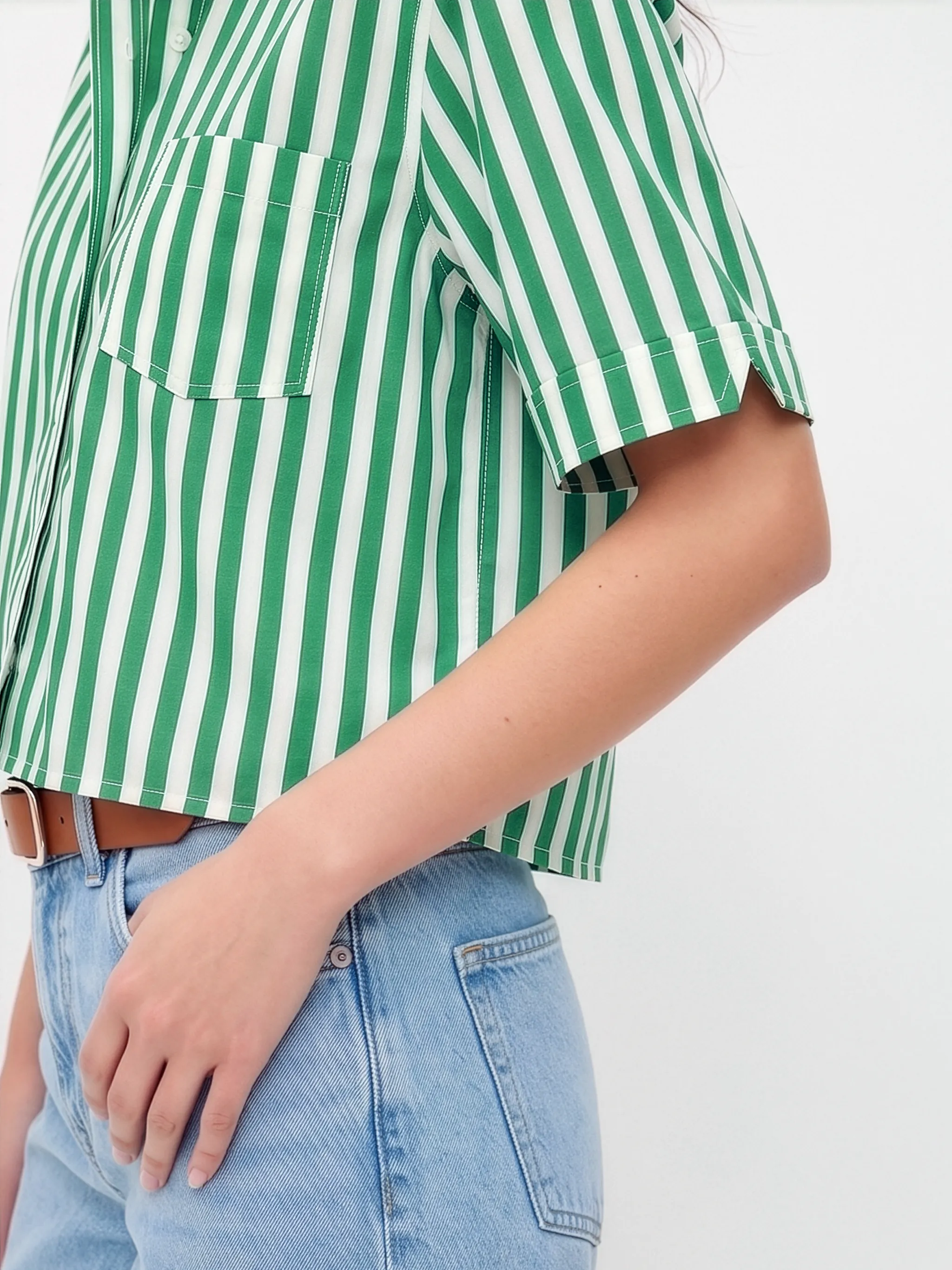 Green & White Vertical Stripe Boxy Fit Cotton Shirt