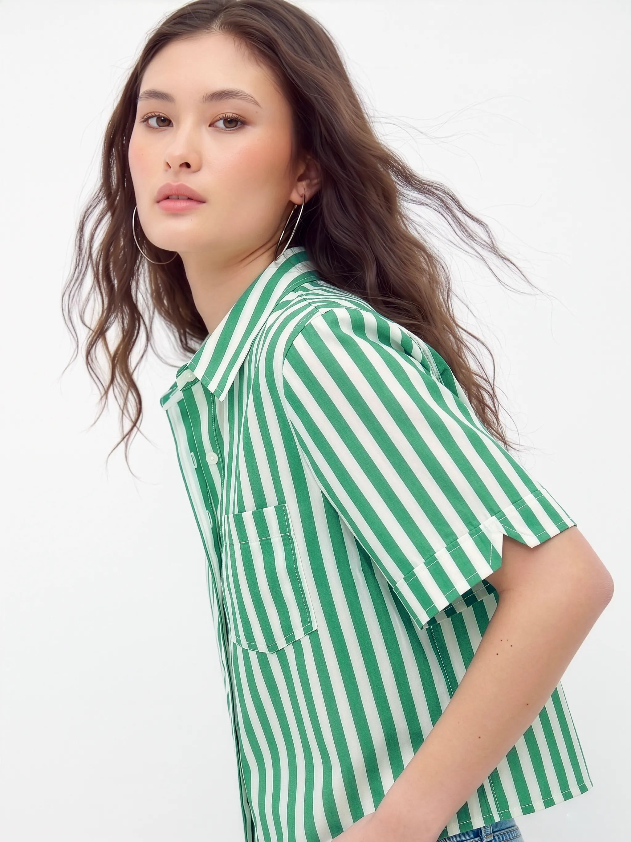 Green & White Vertical Stripe Boxy Fit Cotton Shirt