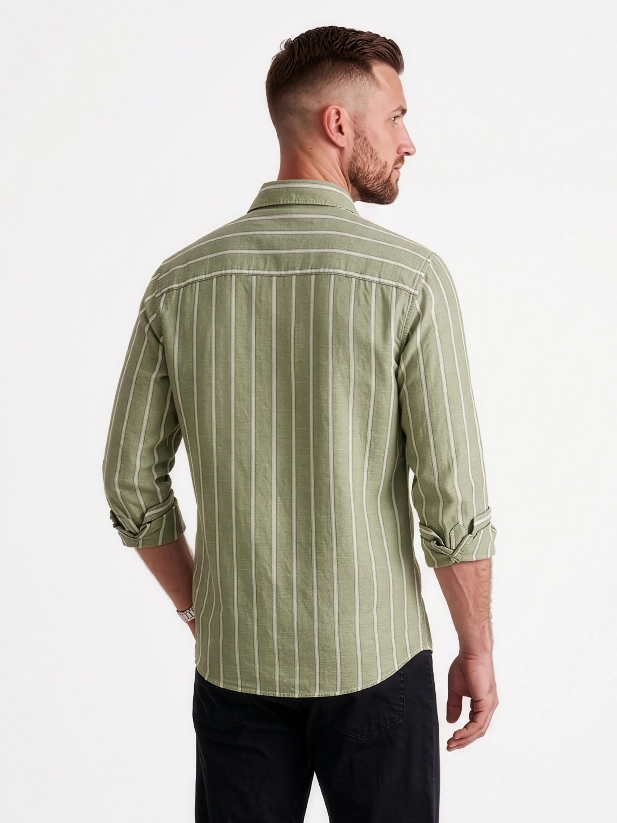 Meedeeshop Men Sage Green & White Striped Cotton Full Sleeve Regular Fit Shirt