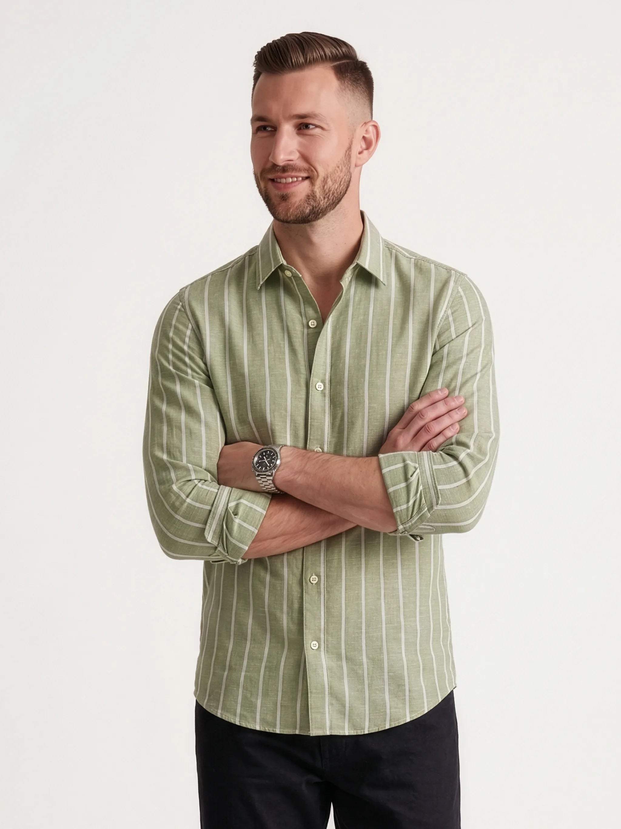 Meedeeshop Men Sage Green & White Striped Cotton Full Sleeve Regular Fit Shirt
