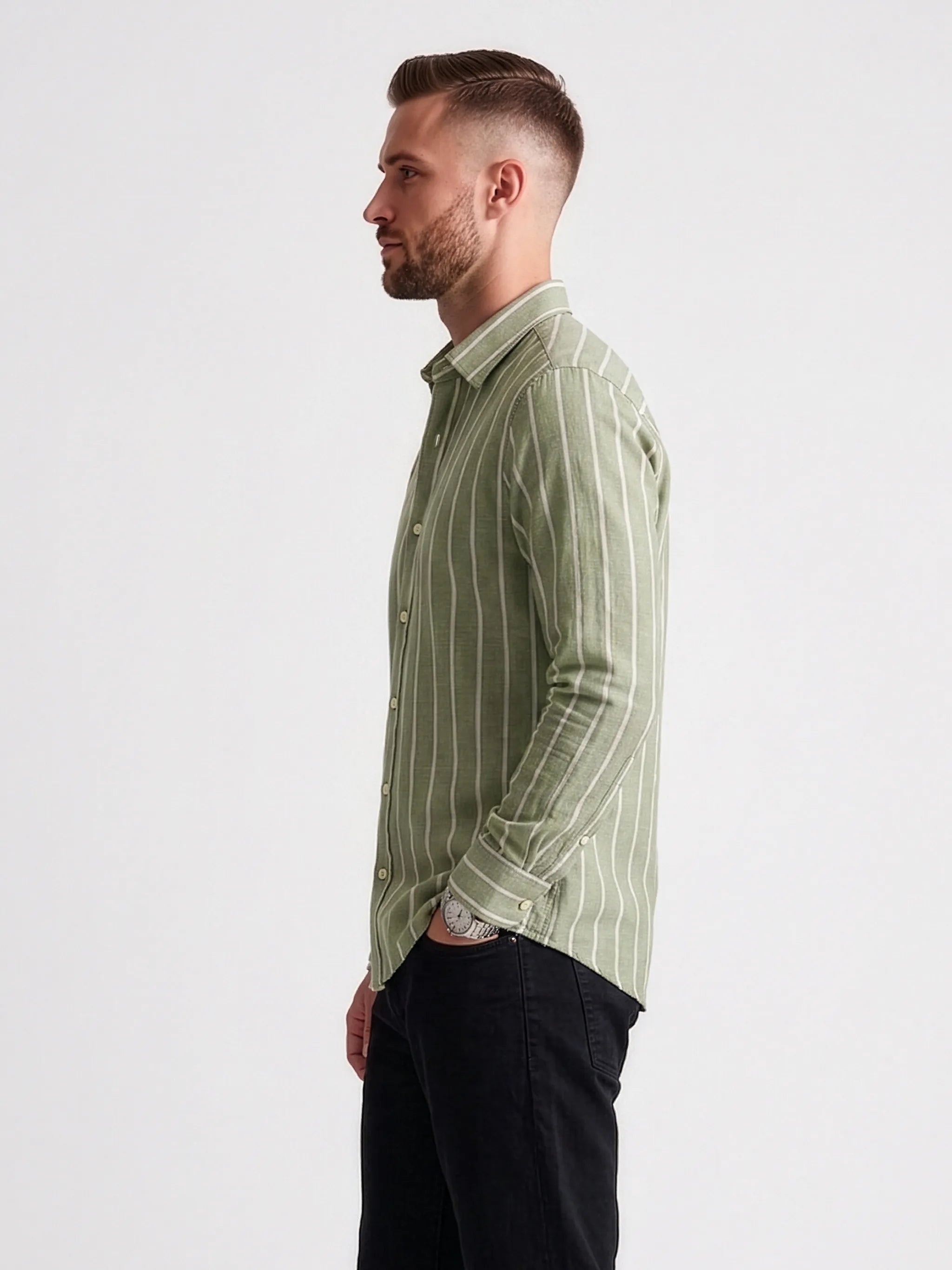 Meedeeshop Men Sage Green & White Striped Cotton Full Sleeve Regular Fit Shirt