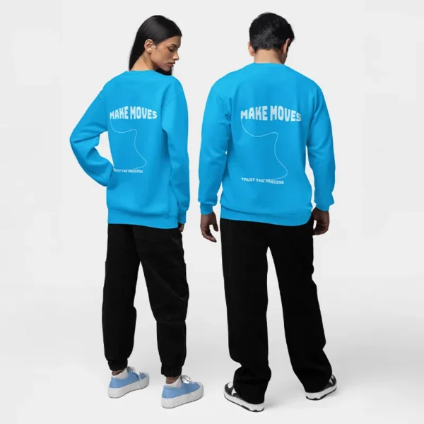 Model wearing blue oversized sweatshirt
