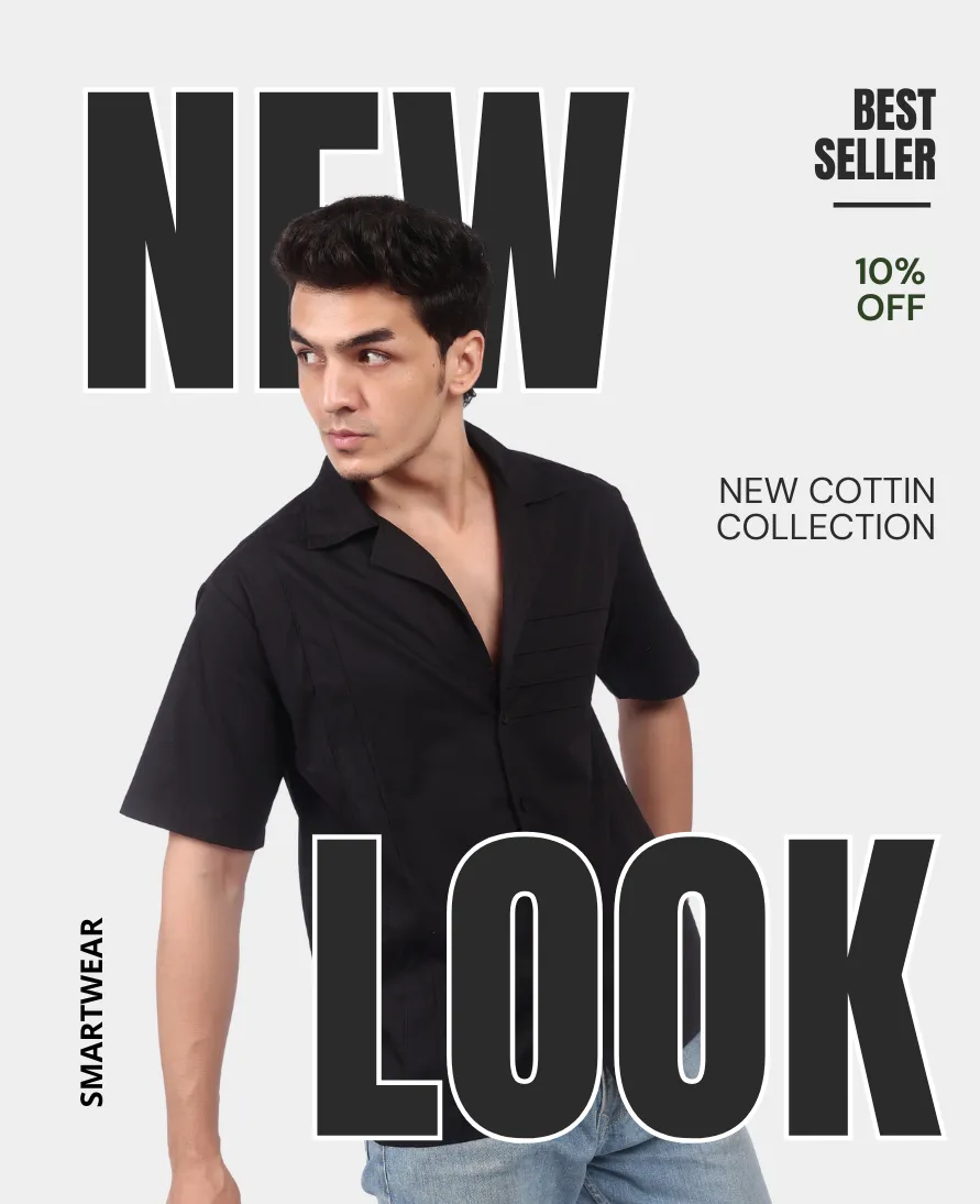 Man wearing a black shirt styled in a modern cotton collection photoshoot.