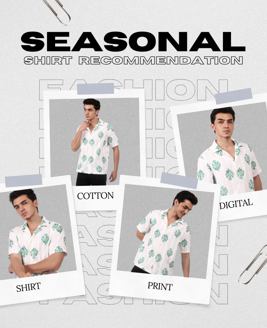 Man wearing a green printed shirt in multiple poses for a seasonal collection showcase.