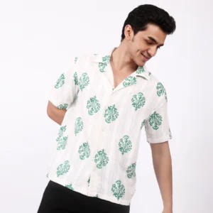 Model wearing the Emerald Bloom Linen-Blend Shirt.