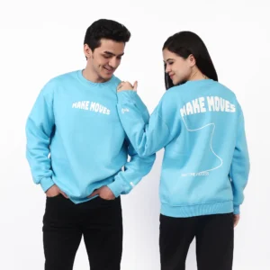 Two models demonstrating the unisex fit of the Make Moves sweatshirt.