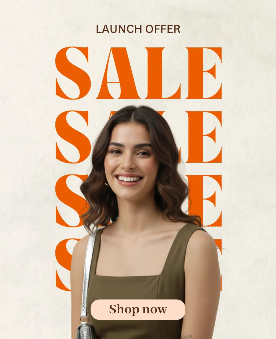 Woman in a Midi dress smiling with bold SALE offer text in the background.