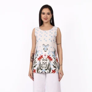 Model styling the tunic top with jeans for a casual look.