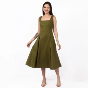 Model wearing the MeeDee A-Line Midi Dress in Olive Green.