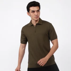 Model wearing the MeeDee Urban Zip Polo in Olive Green.