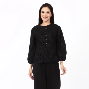 Front view of the Noir Eyelet Cropped Top.