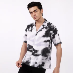 Tie-dye shirt paired with black trousers.